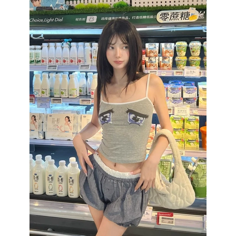 [210 г, 40 шт., тонкий хлопок 1*1] Американский сексуальный летний топ на бретельках с принтом «плачущие глаза» для женщин