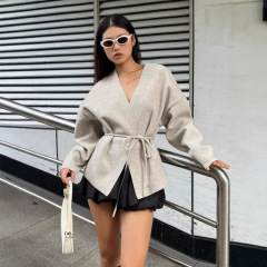 欧美女装外贸款V领长袖夹克外套纯色落肩长袖宽松休闲呢子秋冬款