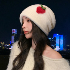 甜美可爱草莓毛绒帽子女秋冬百搭显脸小包头帽户外防寒保暖堆堆帽