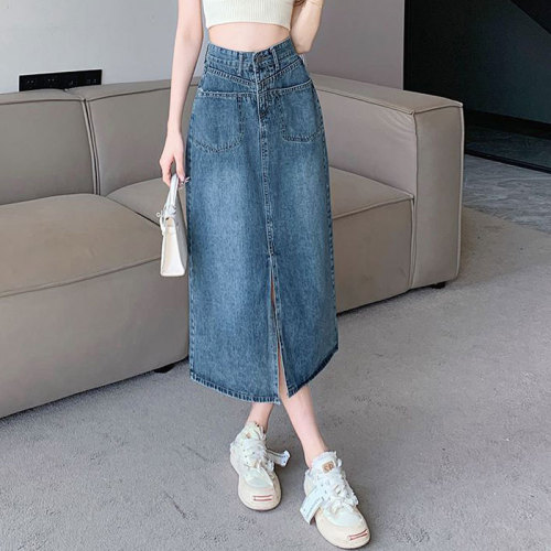 Slit skirt women's niche design pocket high waist a-line mid-length ins trendy bag hip retro denim skirt