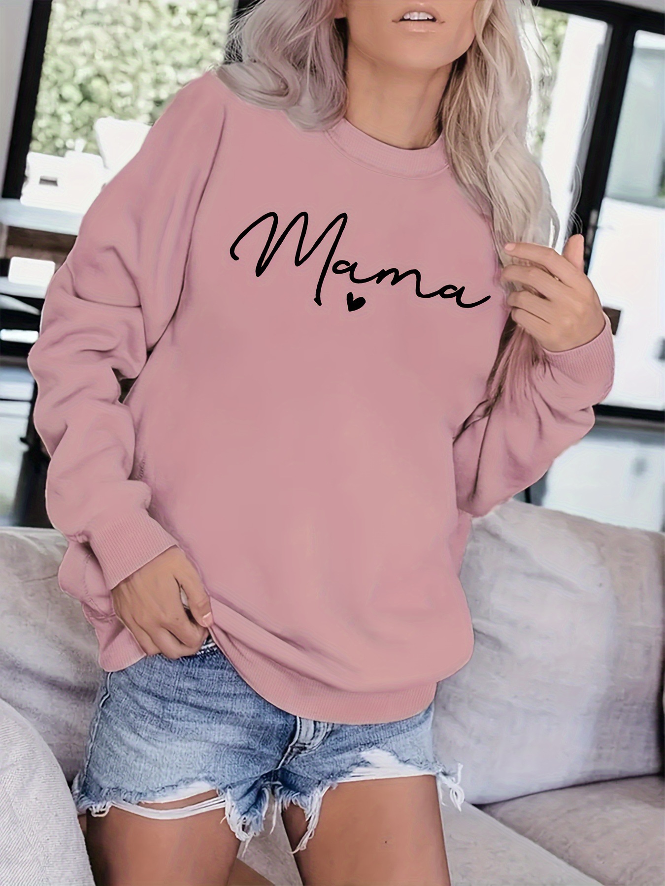 Mama Letter Printed Casual Round Neck Long Sleeve Sweatshirt, Women's White_voghion.com