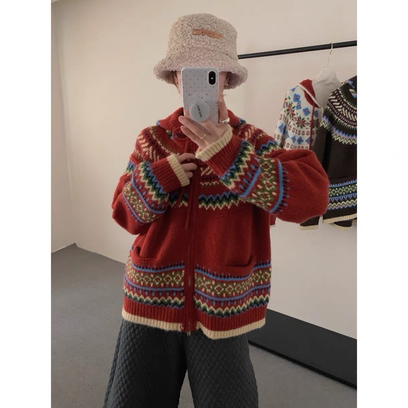复古费尔岛氛围感连帽毛衣外套女2025新款秋冬慵懒风宽松针织开衫|undefined
