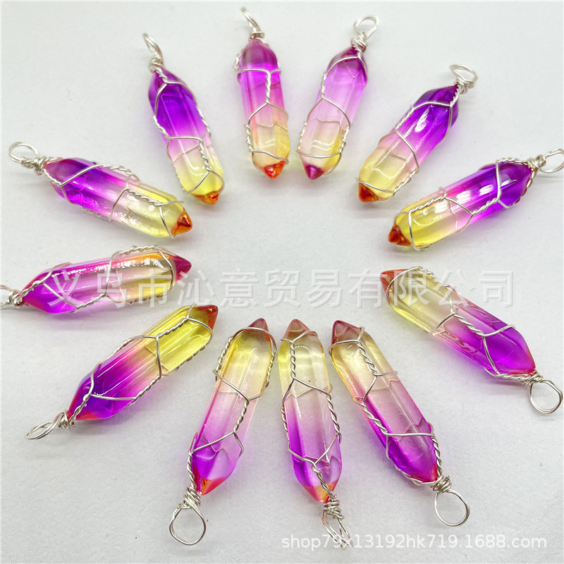 Comercio exterior caliente bobina hexagonal columna colgante collar de cristal natural hecho a mano de plata hilo bala joyería al por mayor