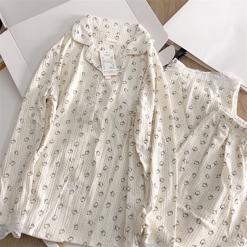 花边波点kitty猫睡衣女春秋新款长袖日系卡通可爱居家服套装外穿|undefined