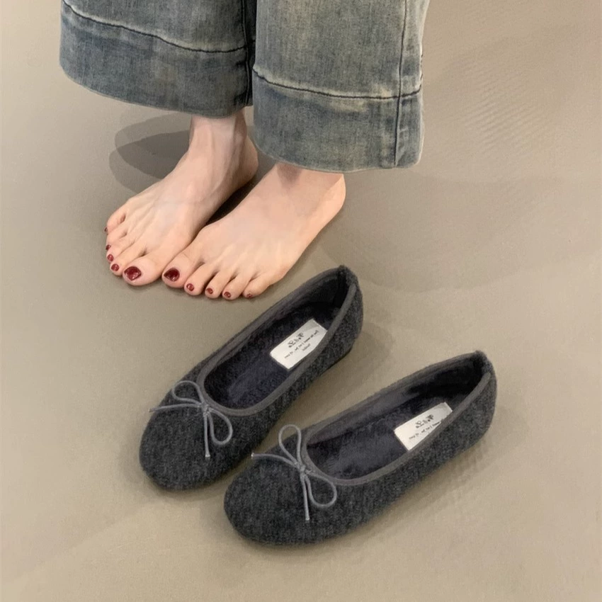 Корейская версия ретро нежная фея ветра бант с круглой головкой и мягкой подошвы плюс бархатные теплые балетные меховые ботинки