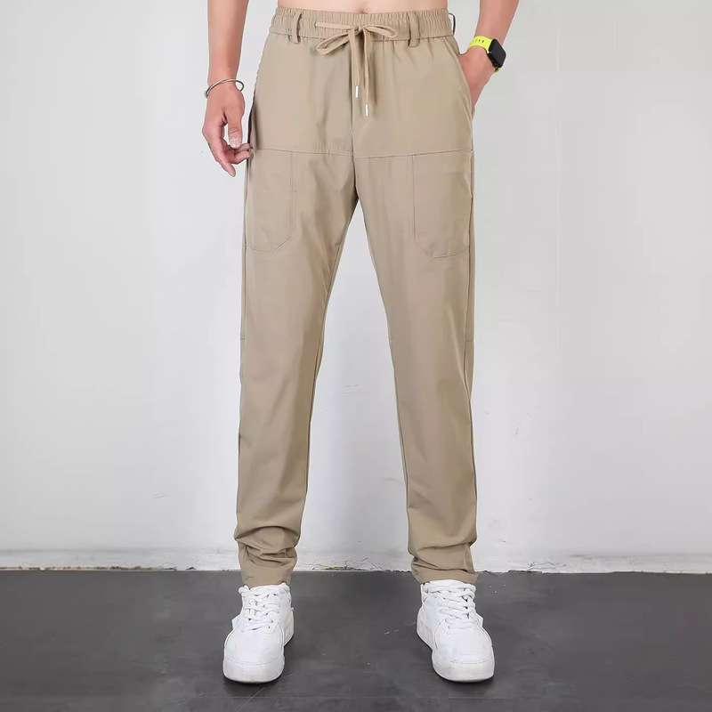 Summer Ice Silk Stitching Six Pocket Solid Color Waterproof High Elastic Men's Casual Pants TikTok Fast Hand Internet Popular Casual Straight Pants