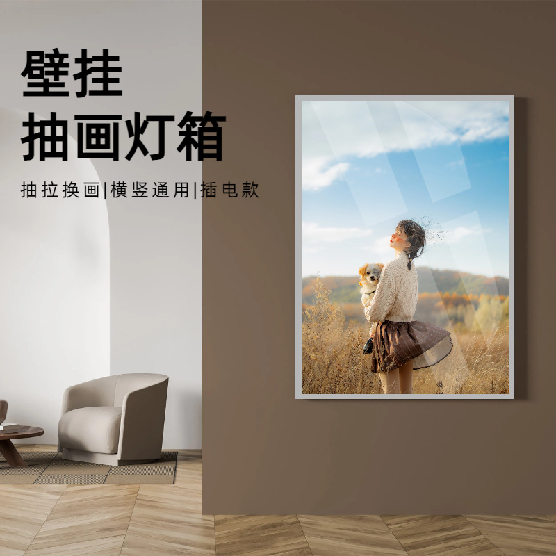 新品超薄灯箱挂墙式女孩装饰画钢化玻璃招牌led发光抽拉换画室内