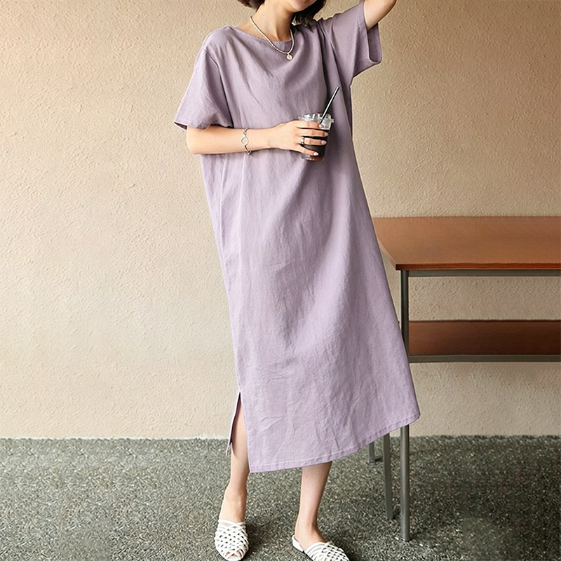 【Clearance Bargain】Trendy Cotton and Linen Dress, Unique Women's Clothing, Pure Cotton Short Sleeve, Casual, Simple, Loose Long Dress