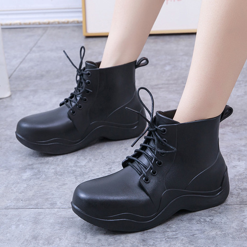 Women's Fashion Rain Boots, Outer Wear, Soft Sole, Slip-Resistant, Waterproof Work Water Shoes with Laces, Height Increasing, Durable Thick Soles, Short Boots