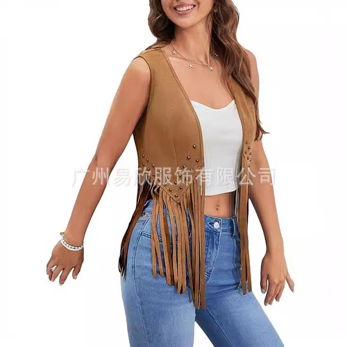 Embroidered Pouch Heart Women's Faux Deer Skin Front Opening Retro Tank Top 70s Bohemian Western Jacket