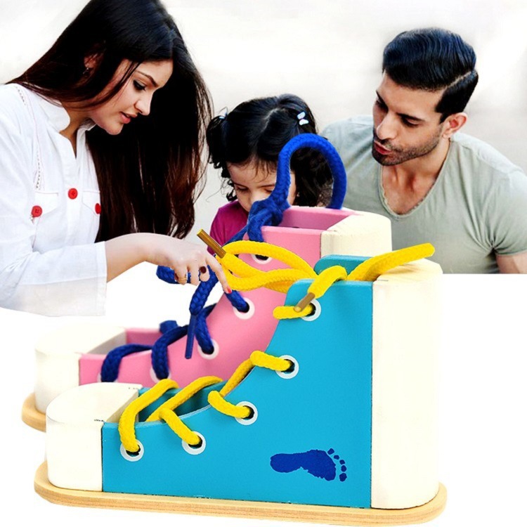 Material didáctico de educación temprana Montessori Cordones de madera para niños Cordones de zapatos Juegos de vida Juguetes de jardín de infantes de madera