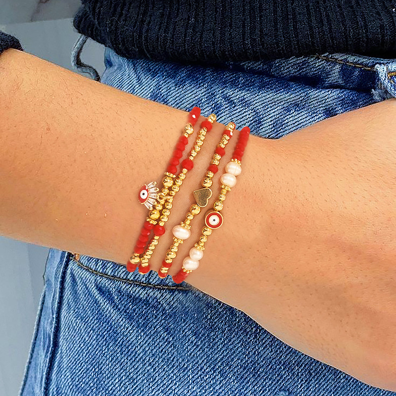 Turkey Evil Eye Bracelet Female European and American Ethnic Red Rope Beaded Crystal Beads Multiple Stacked Natural Pearl Hand Rope