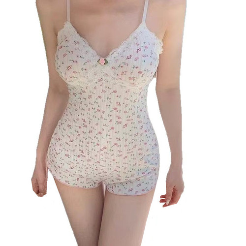 French-style Floral Jumpsuit – Women's Slimming, Strappy V-Neck Homewear Pajamas with a Subtly Alluring Design, Featuring a Defined Waistline and a Lightweight Short Pant Style