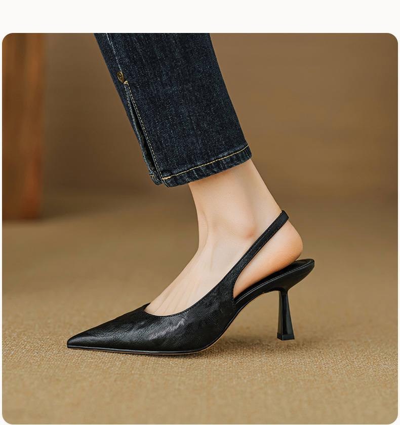Sandal cao gót nữ mũi nhọn hở gót, da cừu, phong cách Hàn Quốc đơn giản — đen chi tiết 15