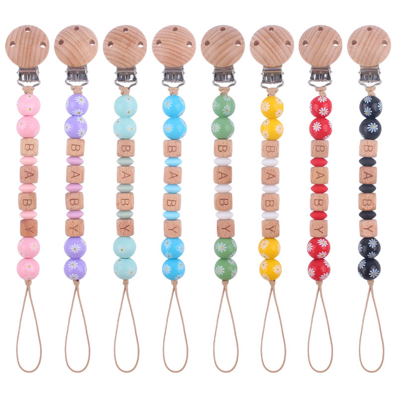 Nuevo bebé suministros dibujos animados madera Margarita cuentas pacificar bebé DIY nombre chupete cadena anti-gota cadena