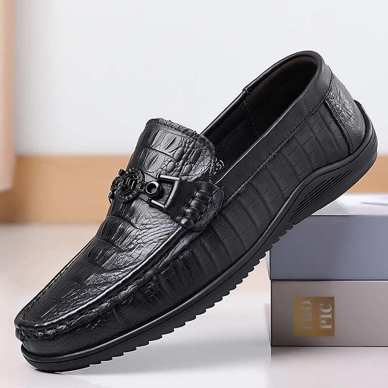 New Spring Style First-Layer Cowhide Loafers for Men, Genuine Leather Crocodile Pattern Casual Slip-On Leather Shoes, Men's Large Size Shoes Size 48
