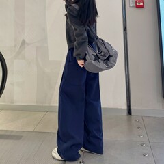 美式高街藏青色运动卫裤女春秋冬季新款宽松显瘦直筒休闲拖地裤子