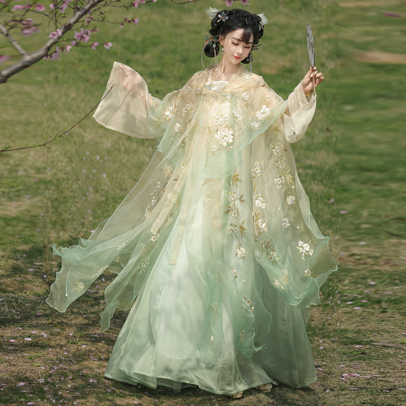Tang Dynasty-Style Hanfu for Women, Qixiong Ruqun with Hooded Cape, Ultra-Fairy and Elegant Ancient Style Embroidery, Gradient Color, Traditional Costume Suitable for Daily Wear