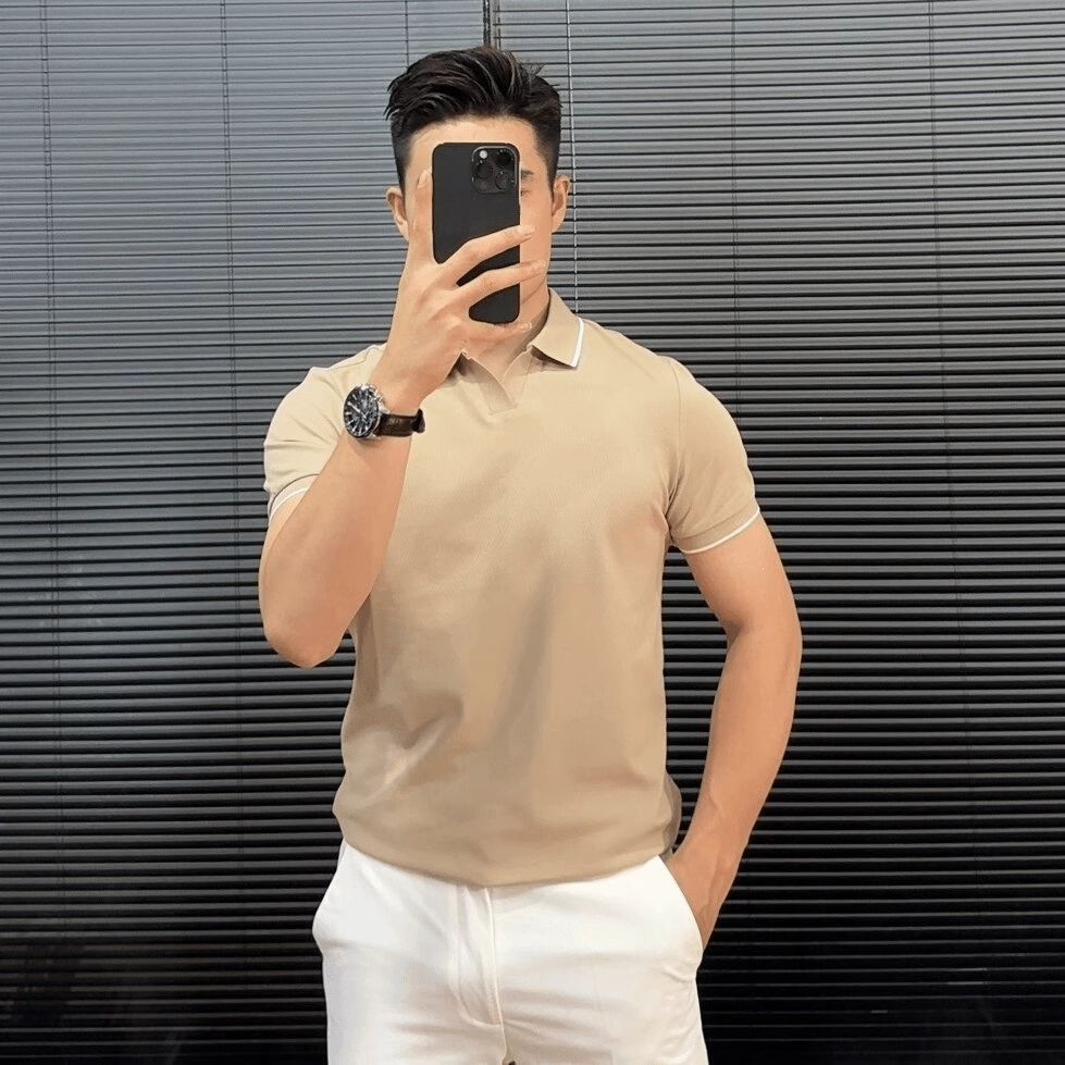 Áo polo nam phối màu cổ V tay ngắn mùa hè form slimfit — màu đen, Sương mù xanh, màu trắng chi tiết 5