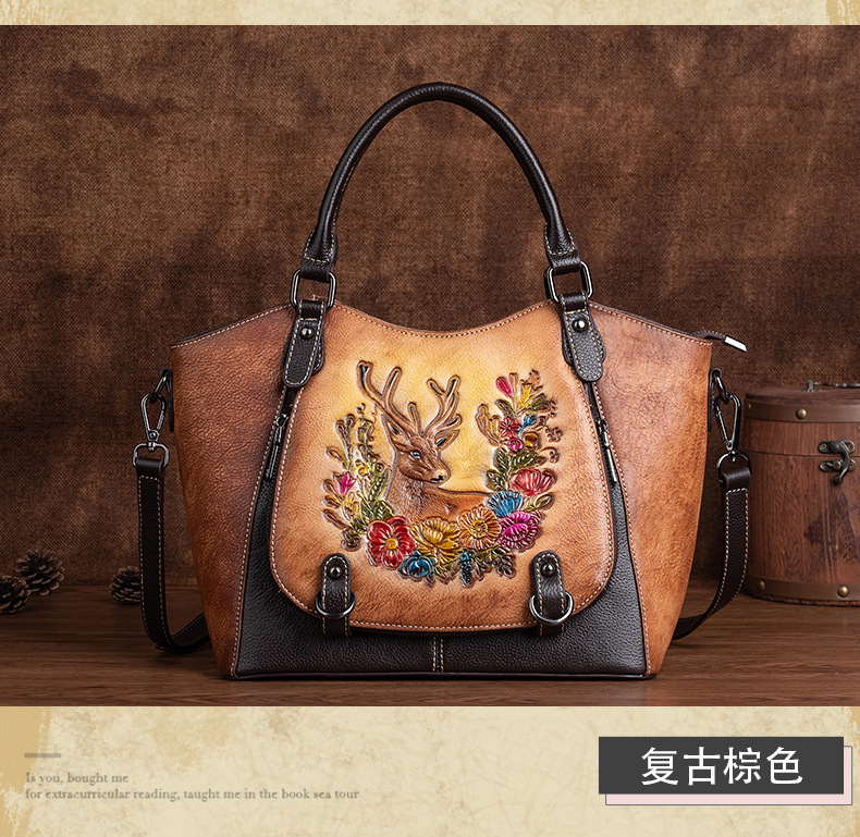 Túi xách tay nữ da bò cổ điển phong cách Trung Hoa, màu xéo vintage, sức chứa lớn — Màu đen cổ điển, Màu nâu cổ điển, Màu đỏ cổ điển chi tiết 10