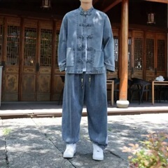 中式牛仔外套套装男春秋宽松大码休闲装