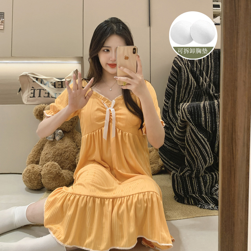 Verano 2025 pijama de mujer dopamina de color sólido imitación de algodón agujero plegado pijama rodilla ropa de hogar con cojín de pecho