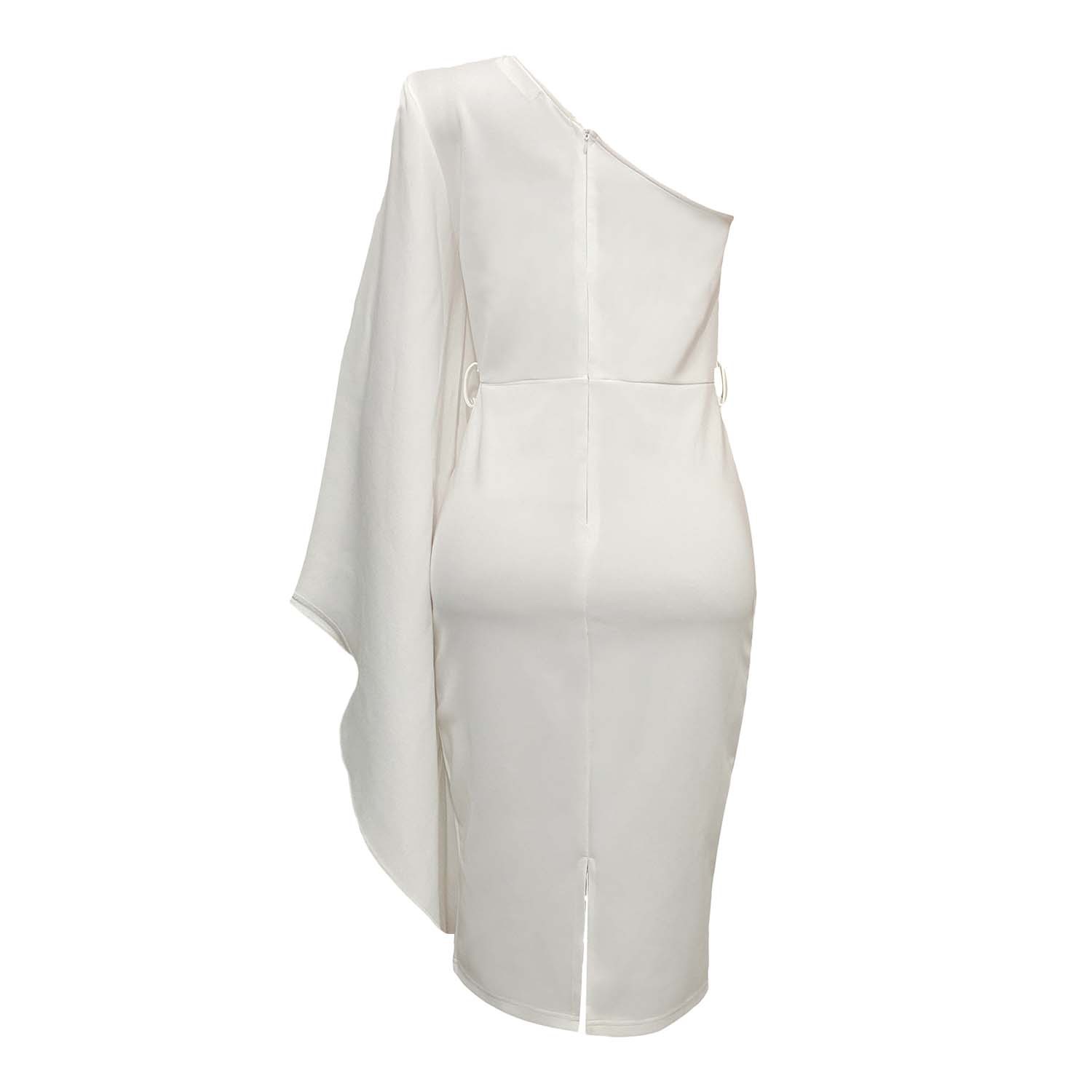 high waist slanted shoulder single-long sleeve slim prom solid color dress NSGML113490