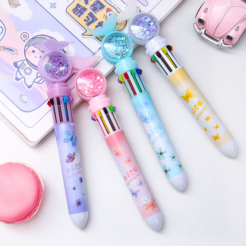 Mariposa creativa bolígrafo de 10 colores lentejuelas mano cuenta multicolor prensa pluma estudiante aprendizaje papelería suministros color pluma
