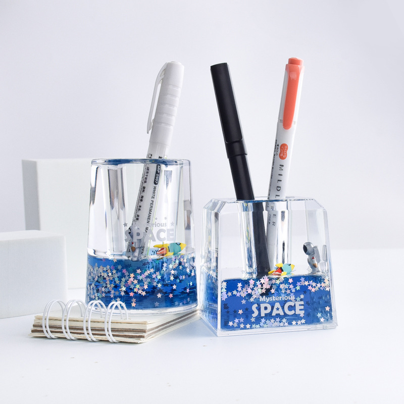 創意宇太空人航員液體流沙塑料亞克力筆筒直尺子文具學生辦公用品