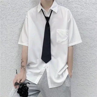 夏季学院风短袖衬衫男设计感小众学生日系宽松情侣宽松衬衣外套男
