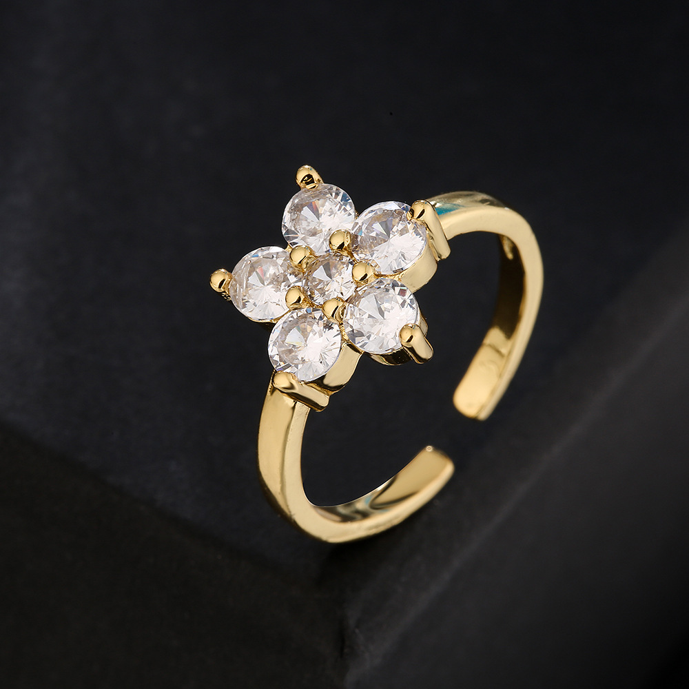 fashion geometric copper 18K gold micro-inlaid zircon flower open ring