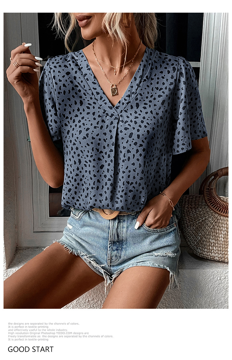 Leopard Print V-neck Short-sleeved Loose Shirt_voghion.com