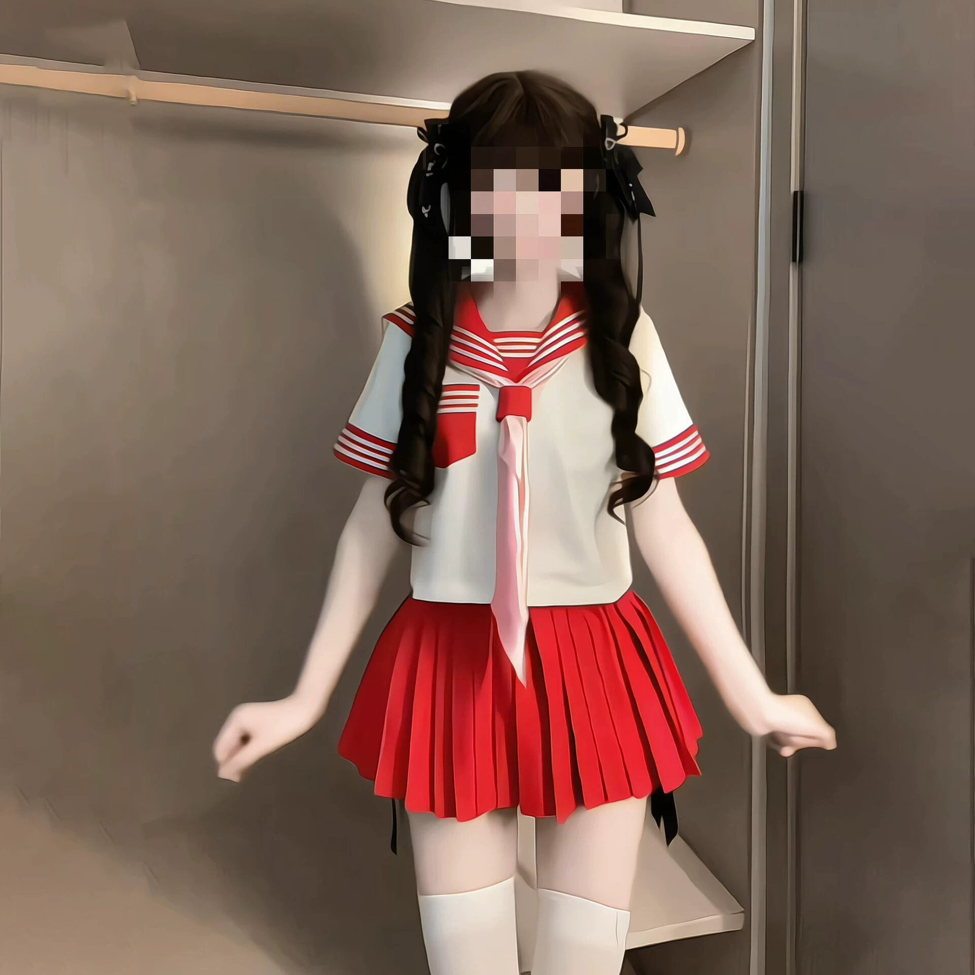 Japanese-style red sailor uniform set with short sleeves, basic JK uniform, preppy style, cute and sweet outfit for spring and summer
