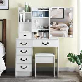 跨境亚马逊好莱坞梳妆台带灯光移动镜子电源复古储物抽屉柜化妆桌