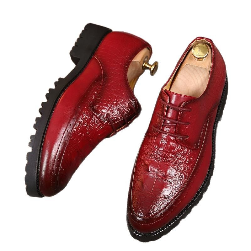 Cross-border 2025 New Crocodile Pattern Men's Casual Business Non-slip Lace-up Red Leather Wedding Shoes For Men_vogvips.com