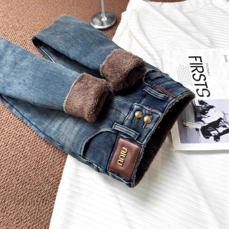 High-Waisted Fleece-Lined Thickened Skinny Jeans for Women 2025 Winter New Lamb Wool Petite Slimming Pencil Pants