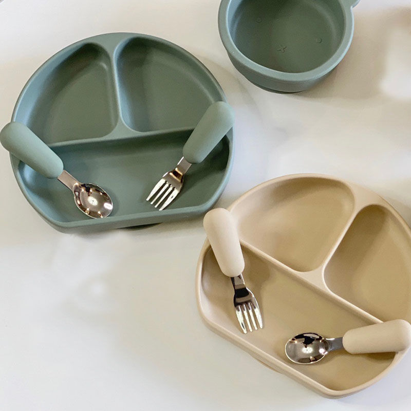 Silicone Tableware Integrated Suction Cup Smiley Face Plate Stainless Steel Spoon Fork Bear Bowl Full Set of Baby Training Eating Tableware