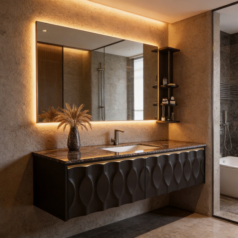 Designer's Modern New Light Luxury Style Bathroom Cabinet Set with Luxurious Stone Countertop, Bathroom Sink, and Minimalist Washbasin