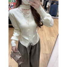 实拍 2025秋冬韩版气质温柔挂脖镂空蕾丝设计安迪绒针织衫女毛衣