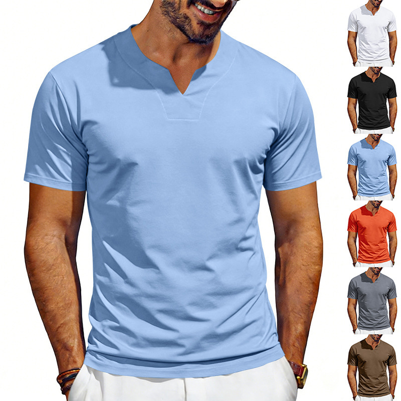 Cross-Border Amazon European and American Summer Men's British V-Neck Jersey Shirt Quick-Drying Loose Solid Color Short-Sleeved T-Shirt Wholesale
