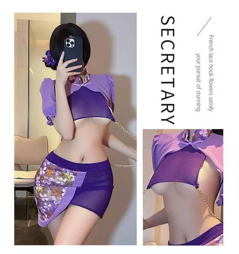 Retro Open-Chest Cheongsam Lingerie Set with Pull Chain, Purple Mesh Polyester, One Size — detail image 10