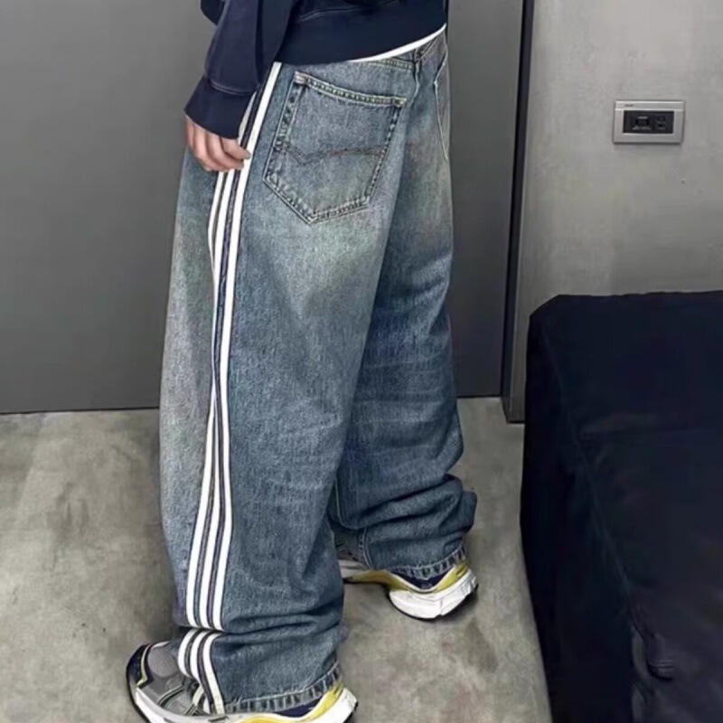 American Retro Washed Vintage Vibe Side-Striped Jeans for Men and Women, Loose-Fitting Niche Design Floor-Length Pants American Retro Washed Vintage Vibe Side-Striped Jeans for Men and Women, Loose-Fitting Niche Design Floor-Length Pants