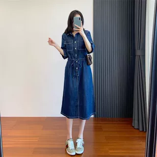 复古美式牛仔蓝！小翻领设计抽绳收腰清舒适牛仔棉中长款连衣裙女