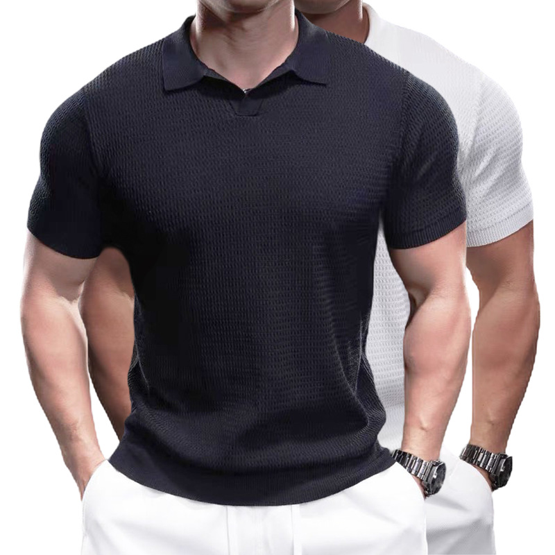 Cross-Border Popular European Plus-Size Short-Sleeve Knit Polo Shirt for Men, V-Neck Business Turn-Down Collar Ice Silk T-Shirt, Factory Wholesale