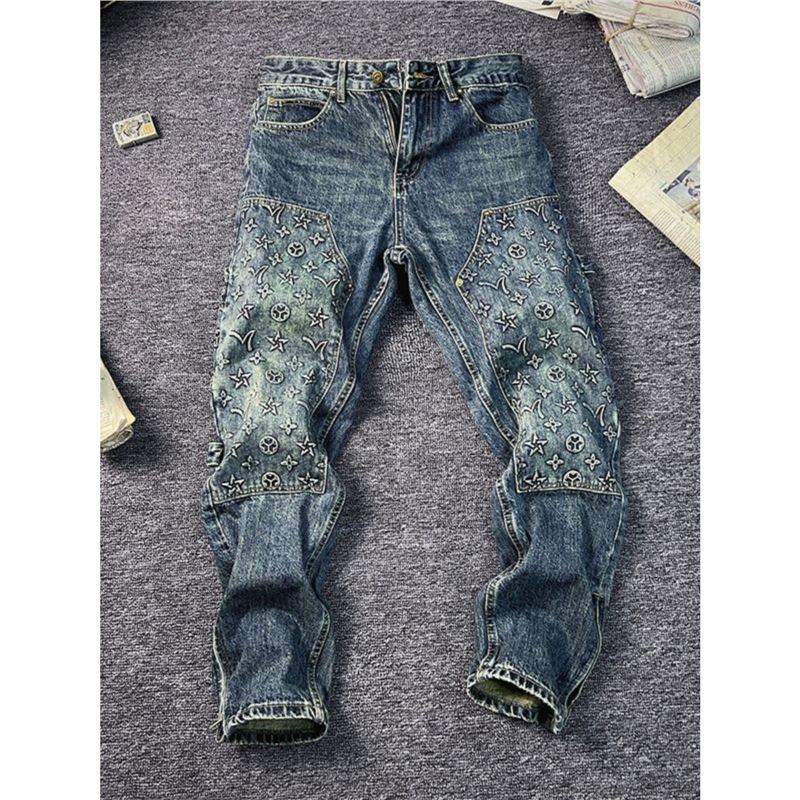 Trendy American Retro Distressed Jeans for Men, Straight Slim Fit Dad Pants, Patchwork Casual Pants, 2024 Autumn/Winter Collection