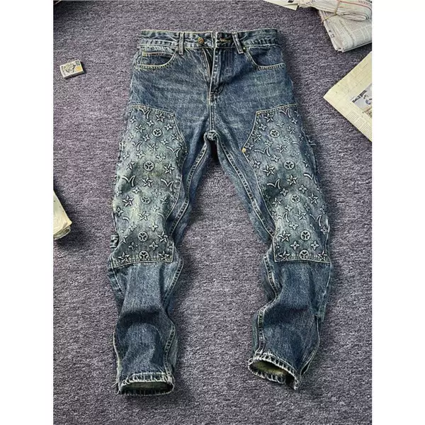 Trendy American Retro Distressed Jeans for Men, Straight Slim Fit Dad Pants, Patchwork Casual Pants, 2024 Autumn/Winter Collection
