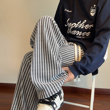提花竖条纹裤子男款春秋宽松直筒阔腿休闲长裤潮牌美式垂感运动裤