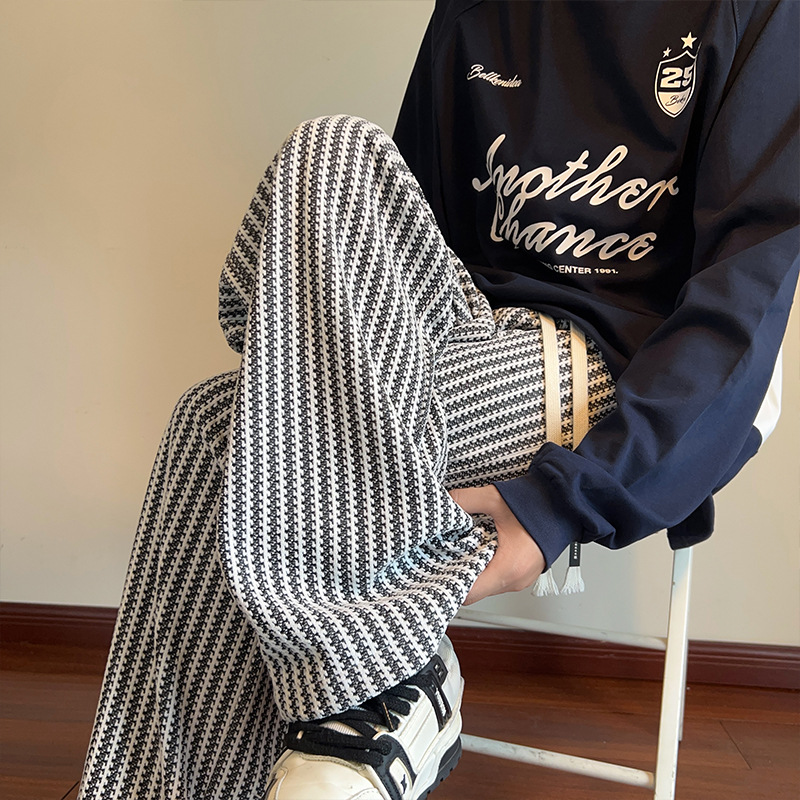 提花竖条纹裤子男款春秋宽松直筒阔腿休闲长裤潮牌美式垂感运动裤