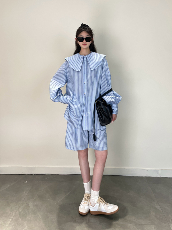 Summer Breeze Sea Salt Blue Fine Striped Doll Collar Striped Shirt Loose Wide-Leg Shorts Set for Women G091014 Summer Breeze Sea Salt Blue Fine Striped Doll Collar Striped Shirt Loose Wide-Leg Shorts Set for Women G091014
