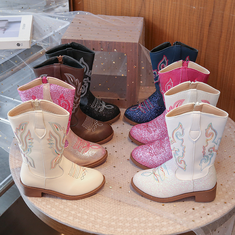 Girls Princess Boots 2025 Autumn and Winter New Little Girls Velvet Warm Boots Children's Embroidery Western Boots